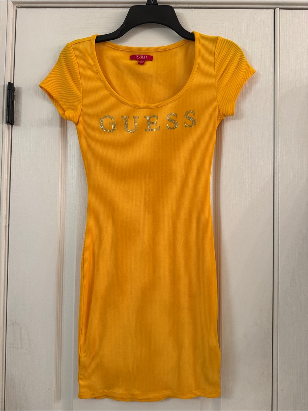 GUESS Y2K Style Yellow Ribbed Scoop-Neck Short Sleeve Dress with Rhinestone Logo